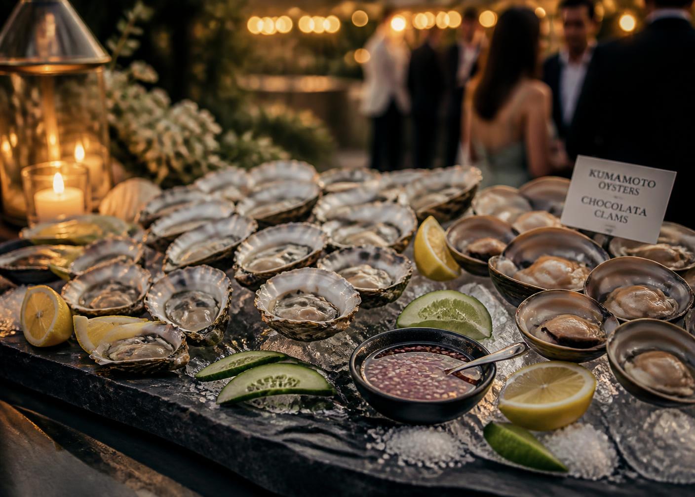 Kumamoto oysters and chocolata clams on ice with citrus and mignonette at an evening event