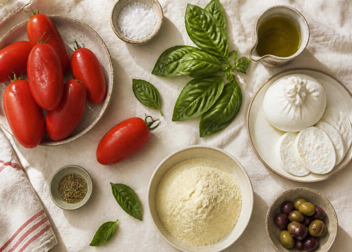 Fresh Italian pizza ingredients laid out on linen before service